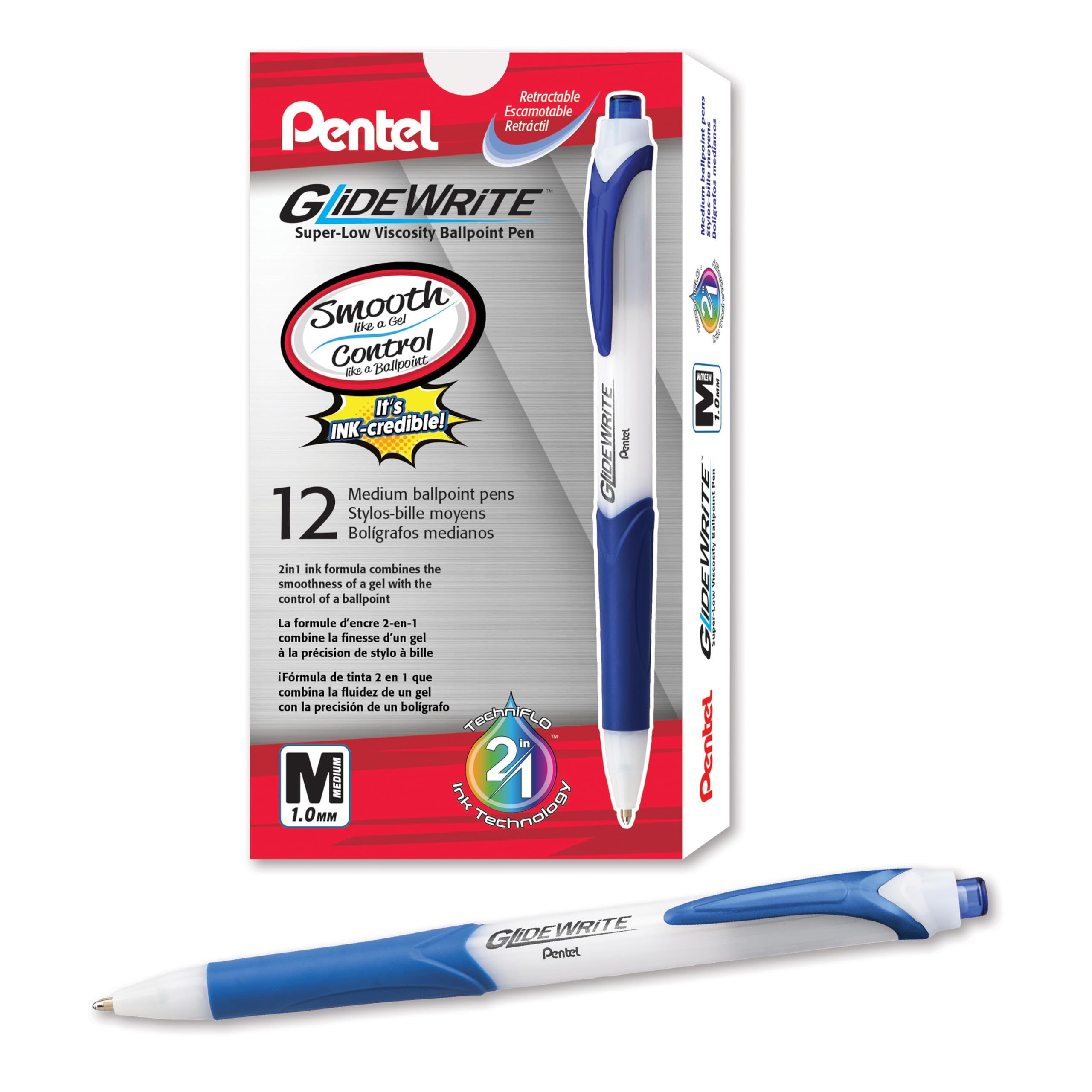 Pentel GlideWrite Ballpoint Pen with TechniFlo Ink, (1.0mm) Medium Line, Light Blue Ink, Box of 12 (BX910-S1)