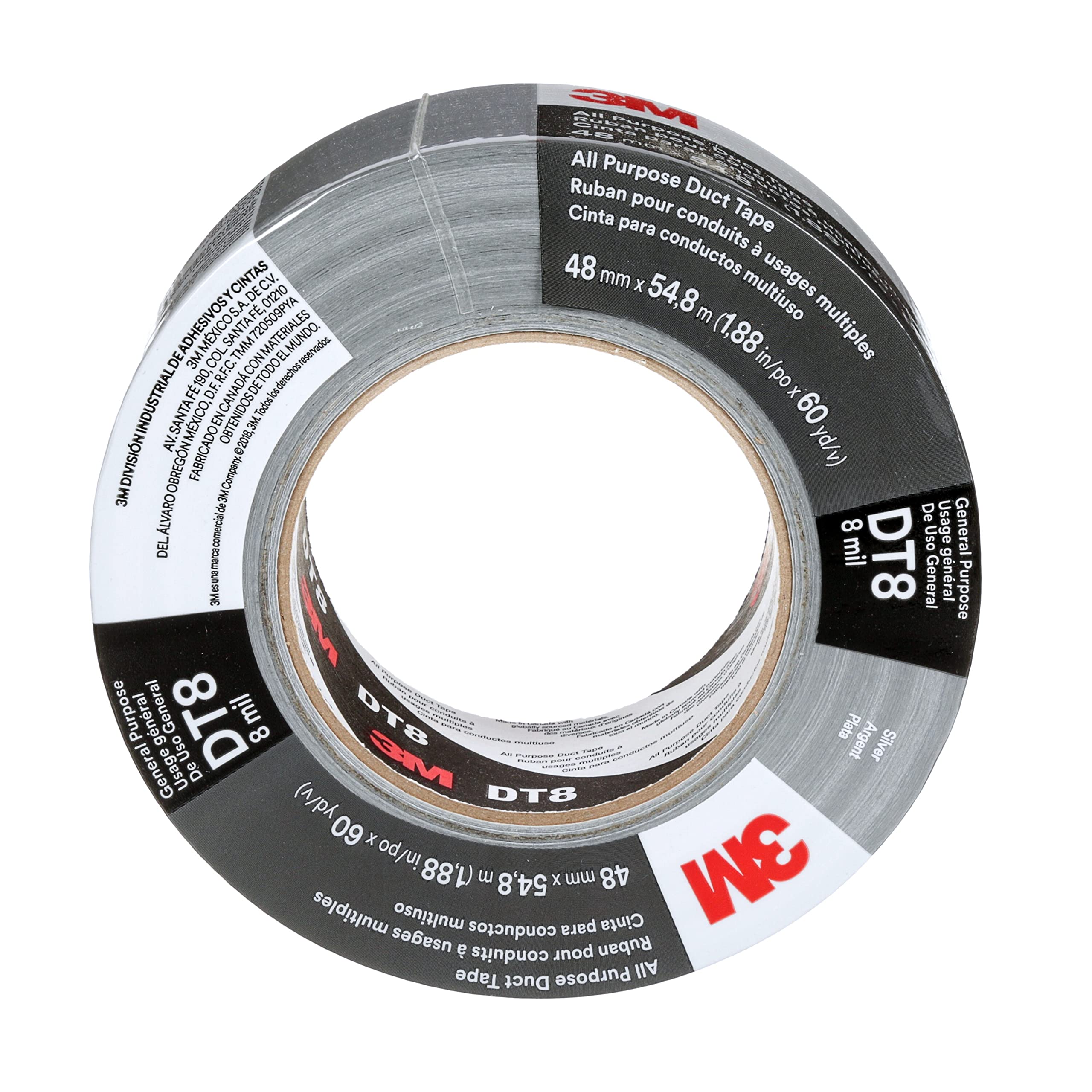 3M DT8 Industrial Strength Multi-Use Duct Tape, Silver, 1.88in x 60 yd x 8 mil Thickness – Professional Grade Adhesive, 1 Pack