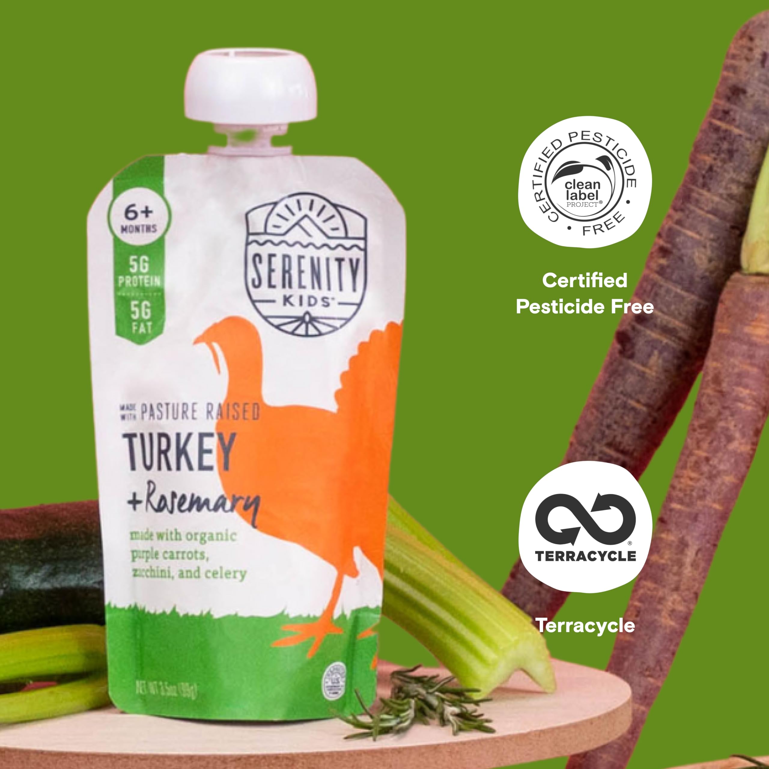 Serenity Kids 6+ Months Baby Food Pouches - Protein-Rich Turkey & Rosemary Pouch - Organic Carrots & Zucchini Blend - BPA-Free On-The-Go Baby Snacks - 3.5 Ounce, Pack of 1
