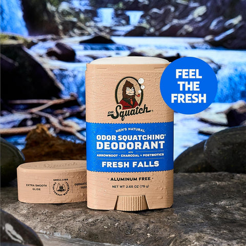 Dr. Squatch Natural Men’s Deodorant – Aluminum Free Natural Deodorant Men with Charcoal & Postbiotics for 72-Hour Odor Protection – Fresh Falls, 2.65oz Stick