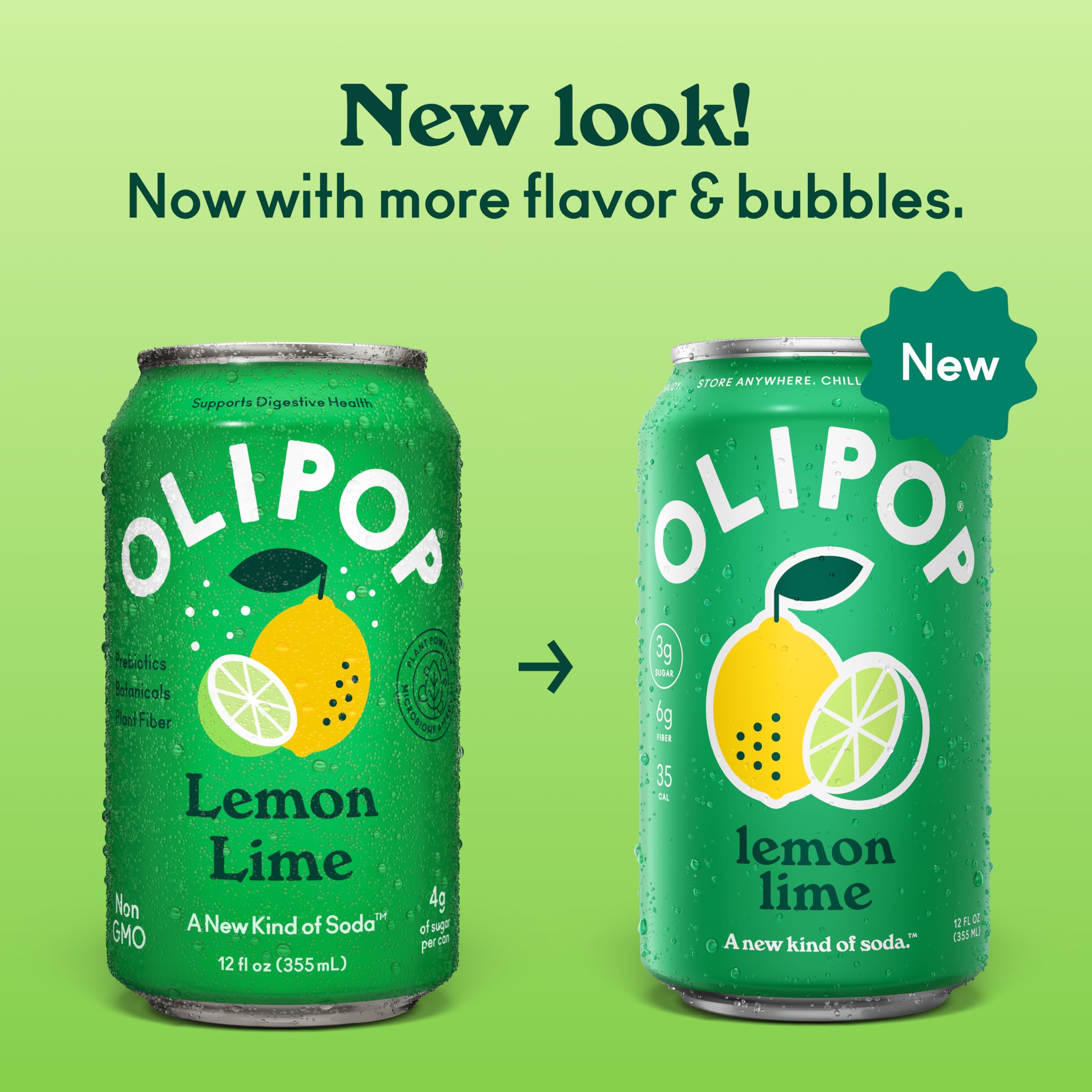 OLIPOP Prebiotic Soda Pop, Lemon Lime, Pantry Pack Packed with Prebiotics, Fiber, and Botanicals, Gluten Free, GMO Free, 12oz (12-Cans)