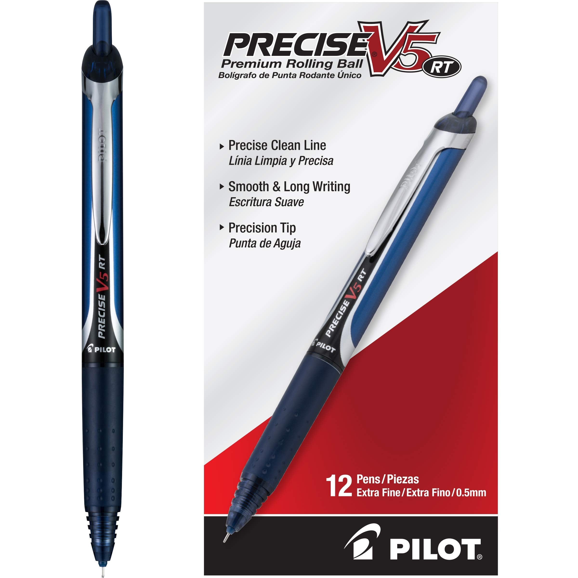 PILOT Precise V5 RT Refillable & Retractable Liquid Ink Rolling Ball Pens, Extra Fine Point (0.5mm) Navy Ink, 12-Pack (13447)