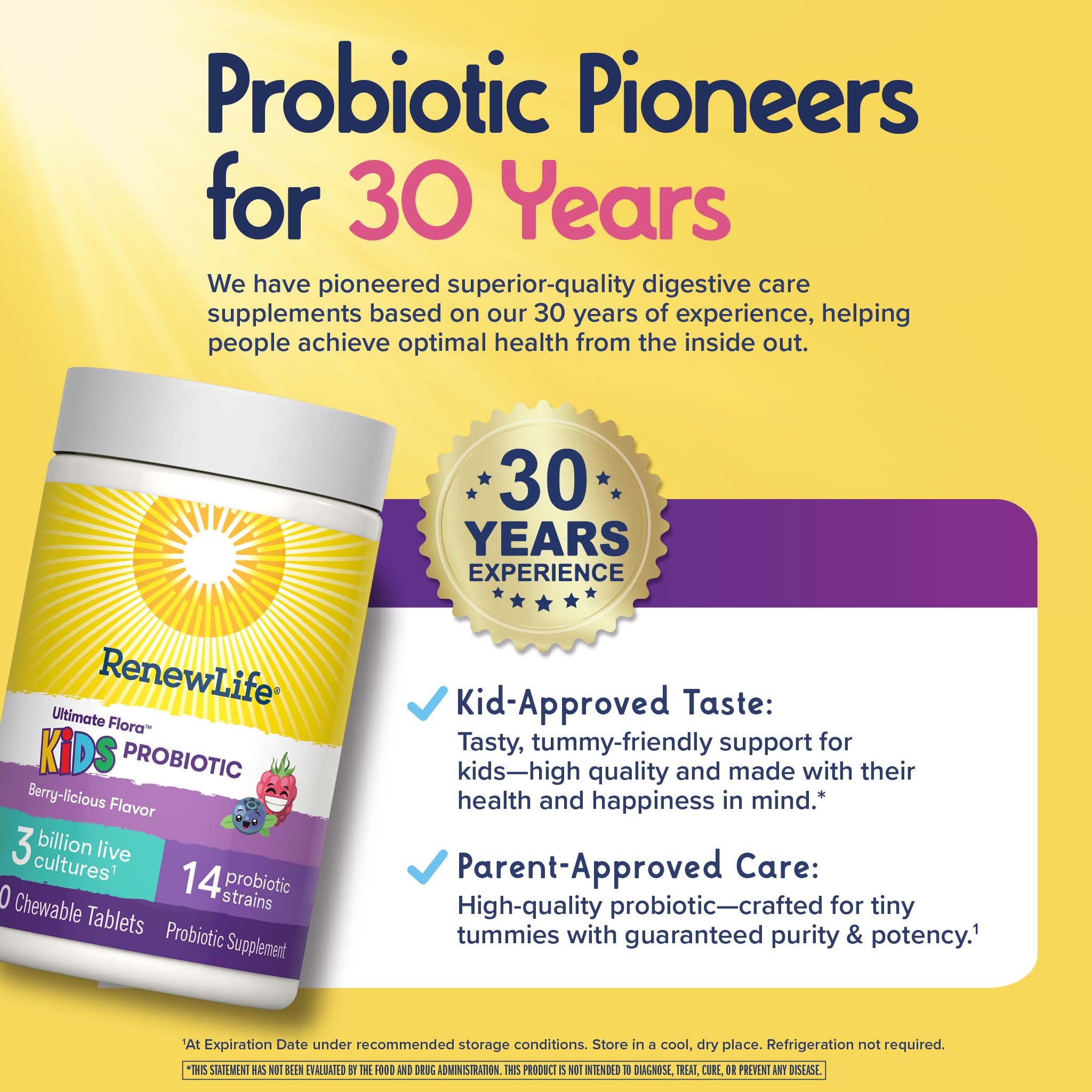 Renew Life Kids Probiotic Chewables, Supports Digestive & Immune Health, Prebiotics & Probiotics, Raspberry, 30 Chewable Tablets