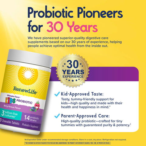 Renew Life Kids Probiotic Chewables, Supports Digestive & Immune Health, Prebiotics & Probiotics, Raspberry, 30 Chewable Tablets