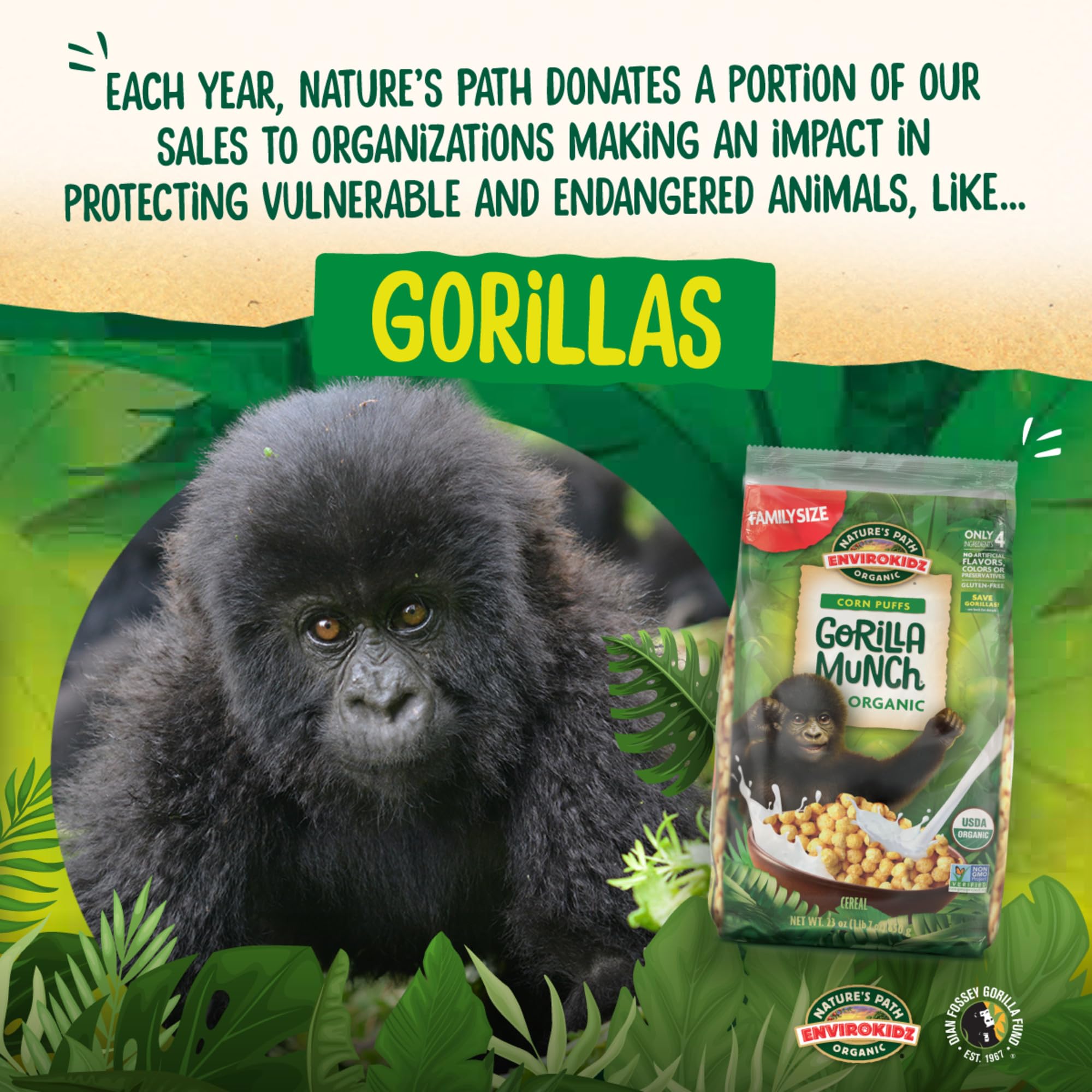 EnviroKidz Organic Gorilla Munch Cereal, 23 oz (Pack of 1), Corn Puffs, Gluten Free, Non-GMO, Earth Friendly Packaging, by Nature's Path