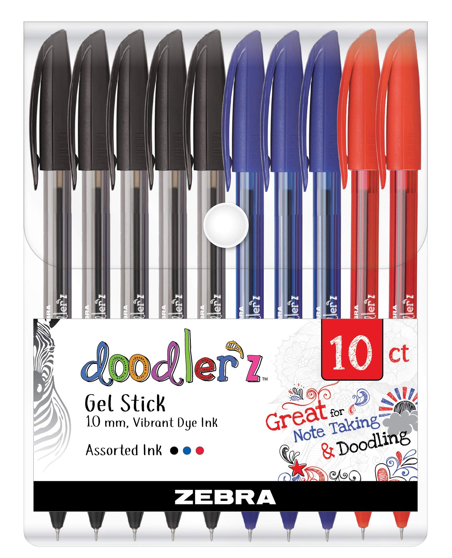 Zebra Pen 41970 Doodlerz Gel Stick Pens, Bold Point, 1.0mm, Vibrant Dye Ink, Assorted Business Colors (Pack of 1, 10 Count Total)