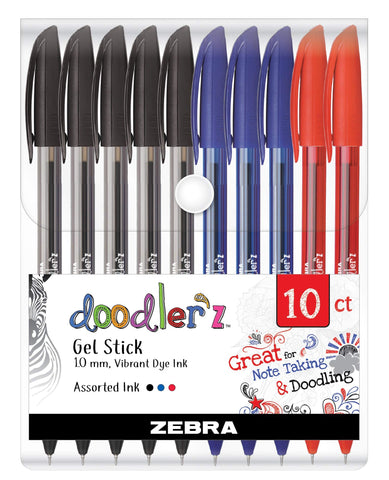 Zebra Pen 41970 Doodlerz Gel Stick Pens, Bold Point, 1.0mm, Vibrant Dye Ink, Assorted Business Colors (Pack of 1, 10 Count Total)