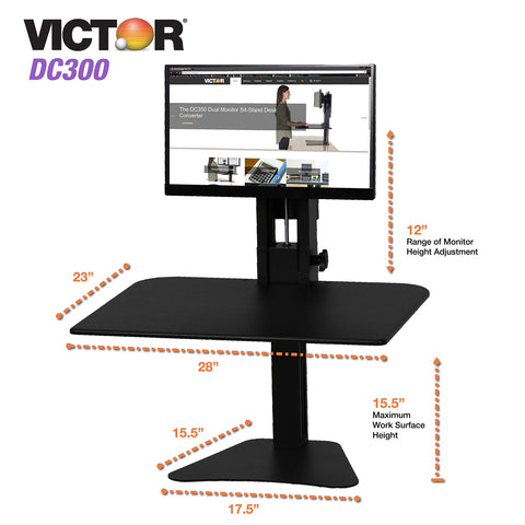 Victor High Rise Standing Desk Workstation, 28" X 23" X 10.5" to 15.5", Black