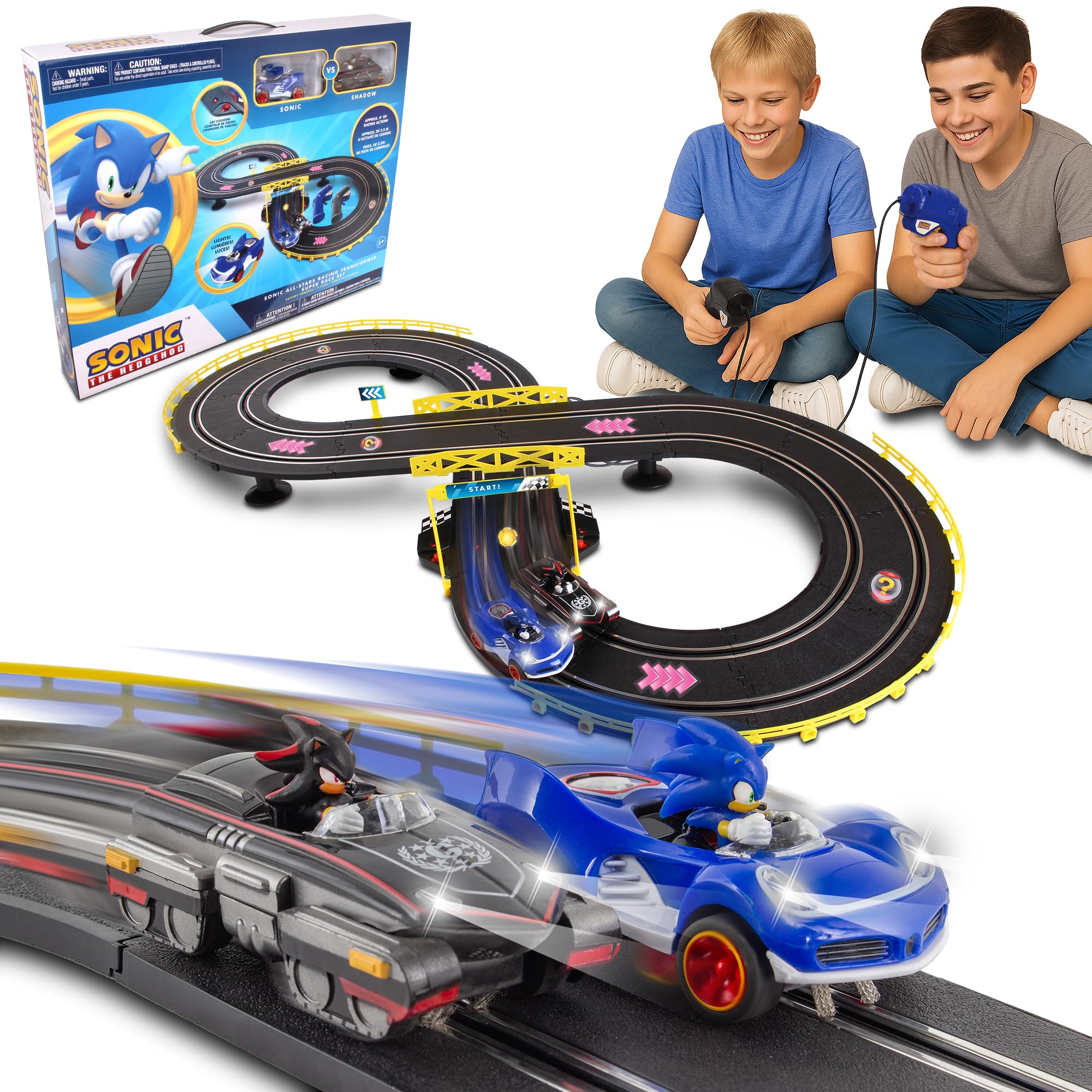 NKOK Sonic and Shadow Race Track Set with Working Lights, Lap Counter, Figure-8 Slot Car Track, Brown Box Packaging