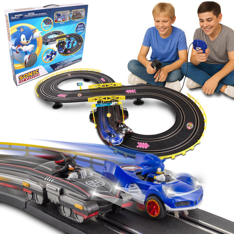 NKOK Sonic and Shadow Race Track Set with Working Lights, Lap Counter, Figure-8 Slot Car Track, Brown Box Packaging
