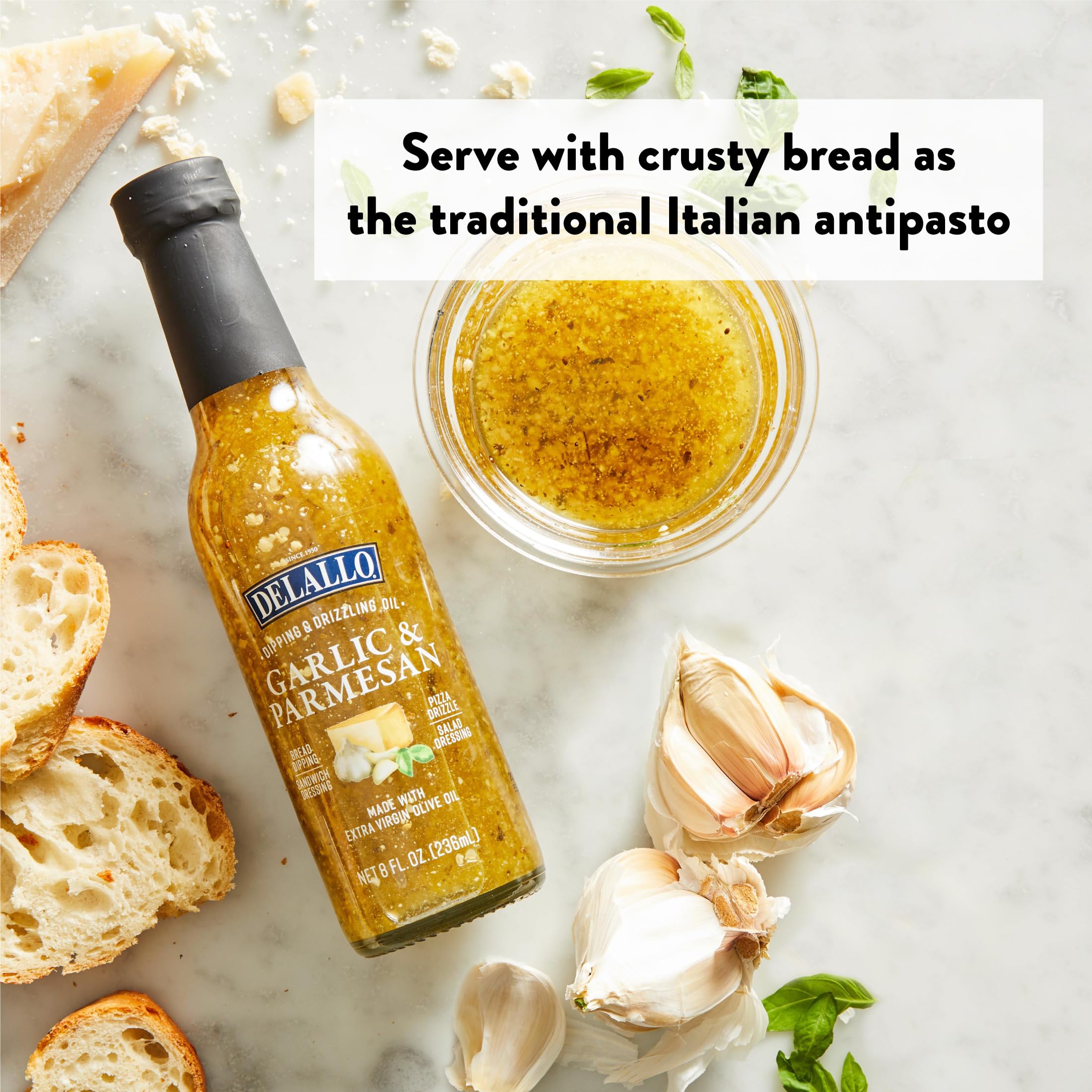 DeLallo Garlic Parmesan Dipping Oil, Extra Virgin Olive Oil Infused, Ready-to-Use Condiment, Gluten Free, Non-GMO, 8 oz Bottle, (3 Pack)