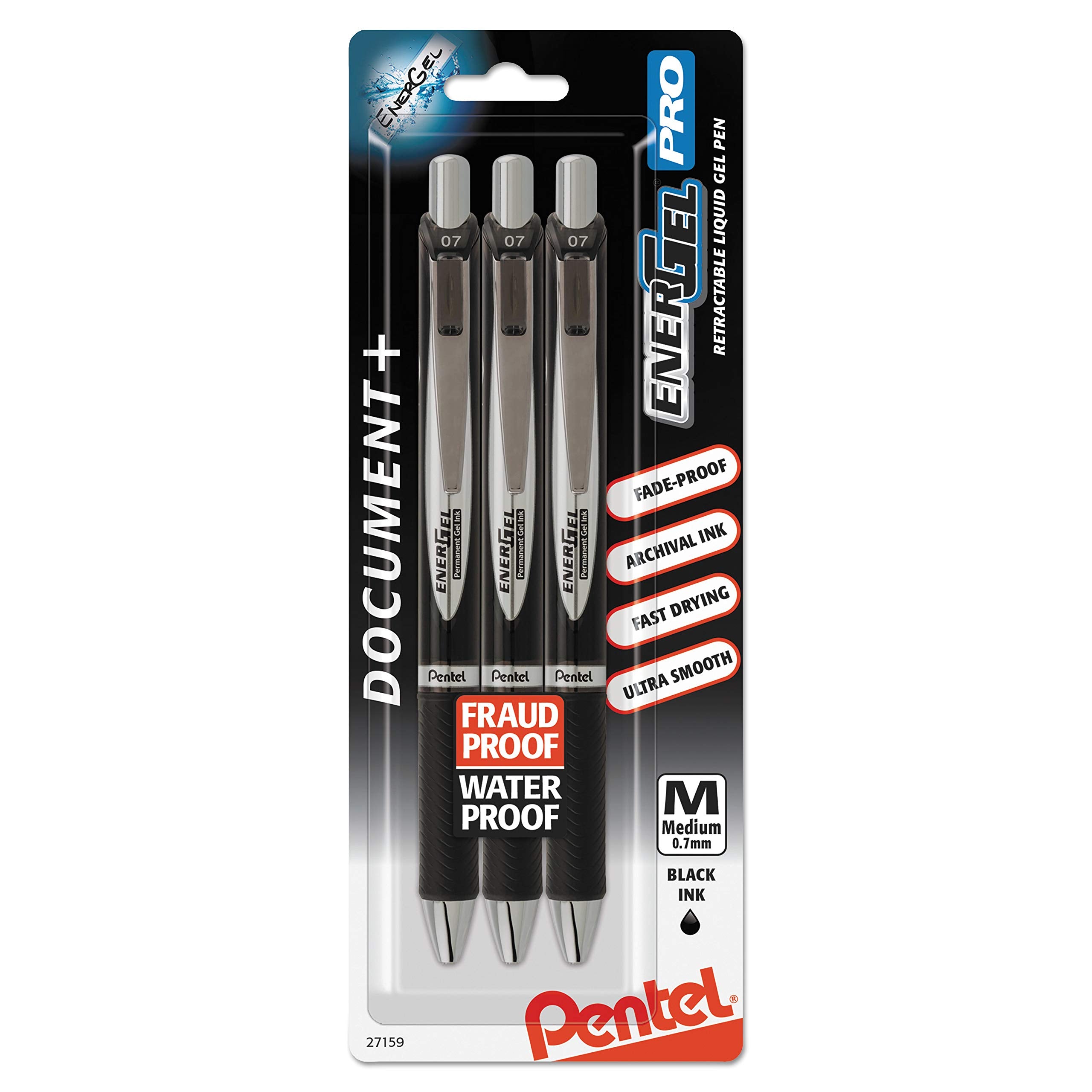 Pentel EnerGel Permanent Gel Ink Rollerball Pen, Black, 3 Pack (BLP77BP3A)