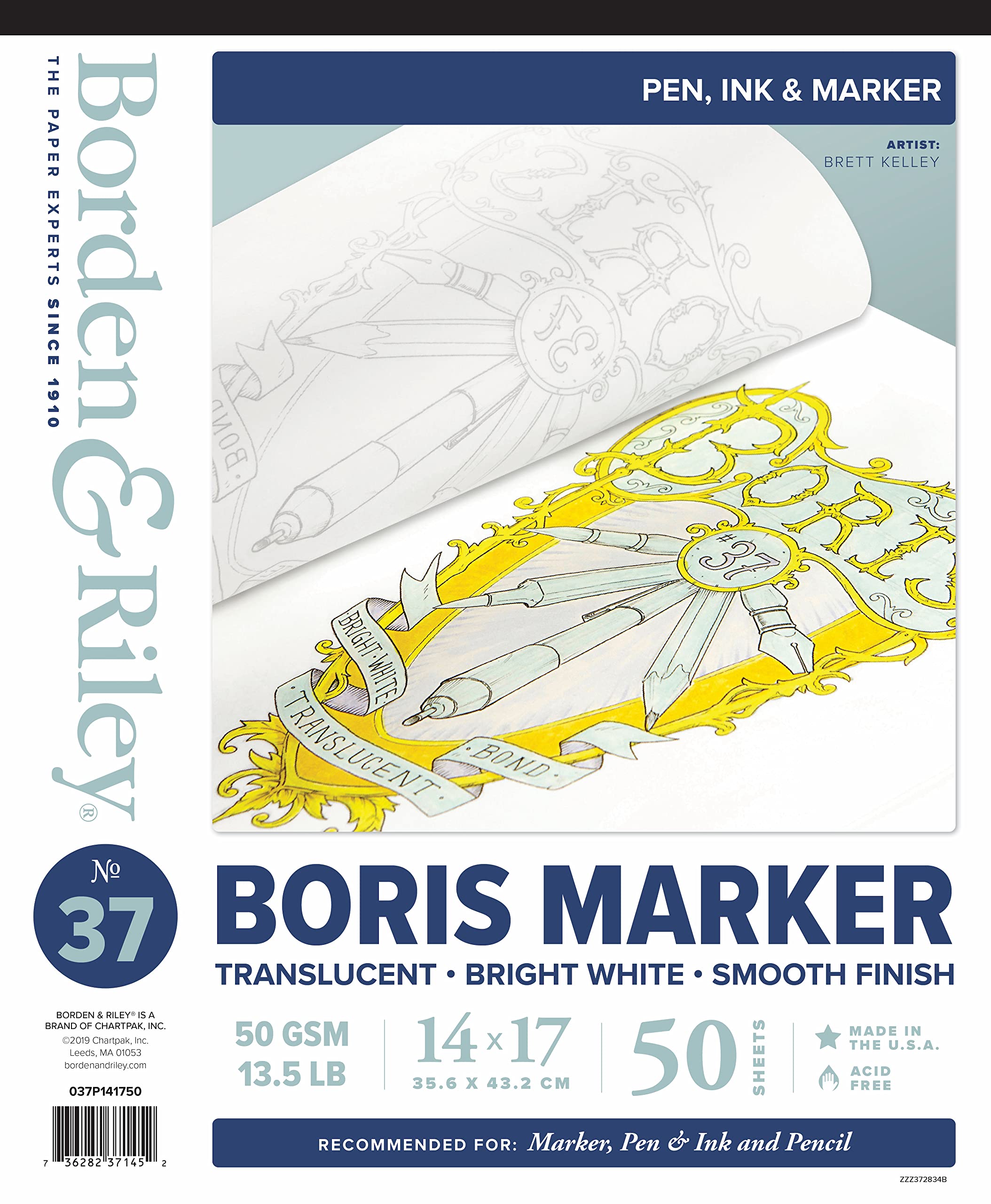 Borden & Riley 14" x 17" #37 Boris Marker Layout Bright White Translucent Bond Paper Pad, 50 GSM/13.5 LB, 50 Sheets, 1 Pad Each