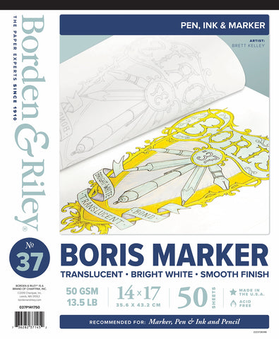 Borden & Riley 14" x 17" #37 Boris Marker Layout Bright White Translucent Bond Paper Pad, 50 GSM/13.5 LB, 50 Sheets, 1 Pad Each