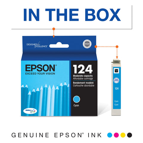 Epson 124 DURABrite Ultra Ink Standard Capacity Cyan Cartridge (T124220-S) Works with Stylus NX-125, 127, 130, 230, 330, 420, 430, Workforce WF-320, 323, 325, 435