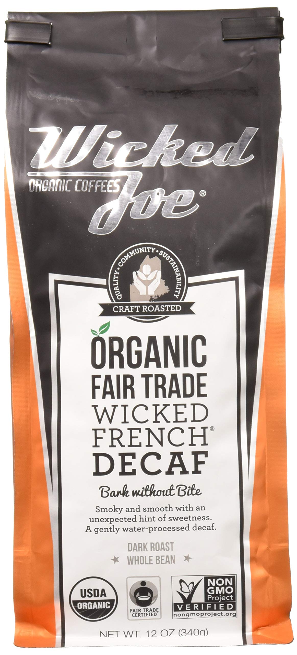 Wicked Joe Organic Coffee French Decaf, Whole Bean, 12 Ounce