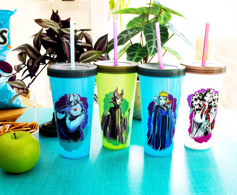 Silver Buffalo Disney Villains 4 pack Color Change Plastic Tumbler Featuring The Evil Queen, Cruella De Vil, Ursula, and Maleficent, 24 Ounces