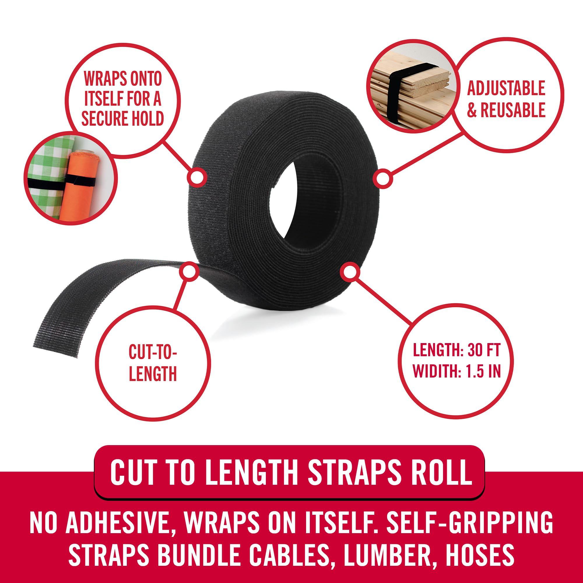 VELCRO Brand ONE-WRAP Roll Black | 30 Ft x 1-1/2 In | Reusable Self-Gripping Hook and Loop Tape | Cut Straps to Bundle Tie Materials and Tools in Garage Shed or Worksite