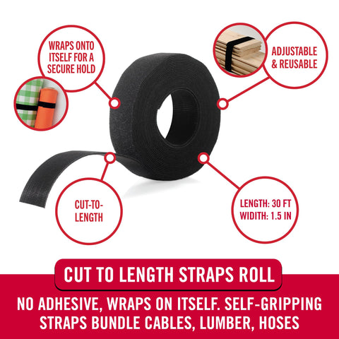 VELCRO Brand ONE-WRAP Roll Black | 30 Ft x 1-1/2 In | Reusable Self-Gripping Hook and Loop Tape | Cut Straps to Bundle Tie Materials and Tools in Garage Shed or Worksite