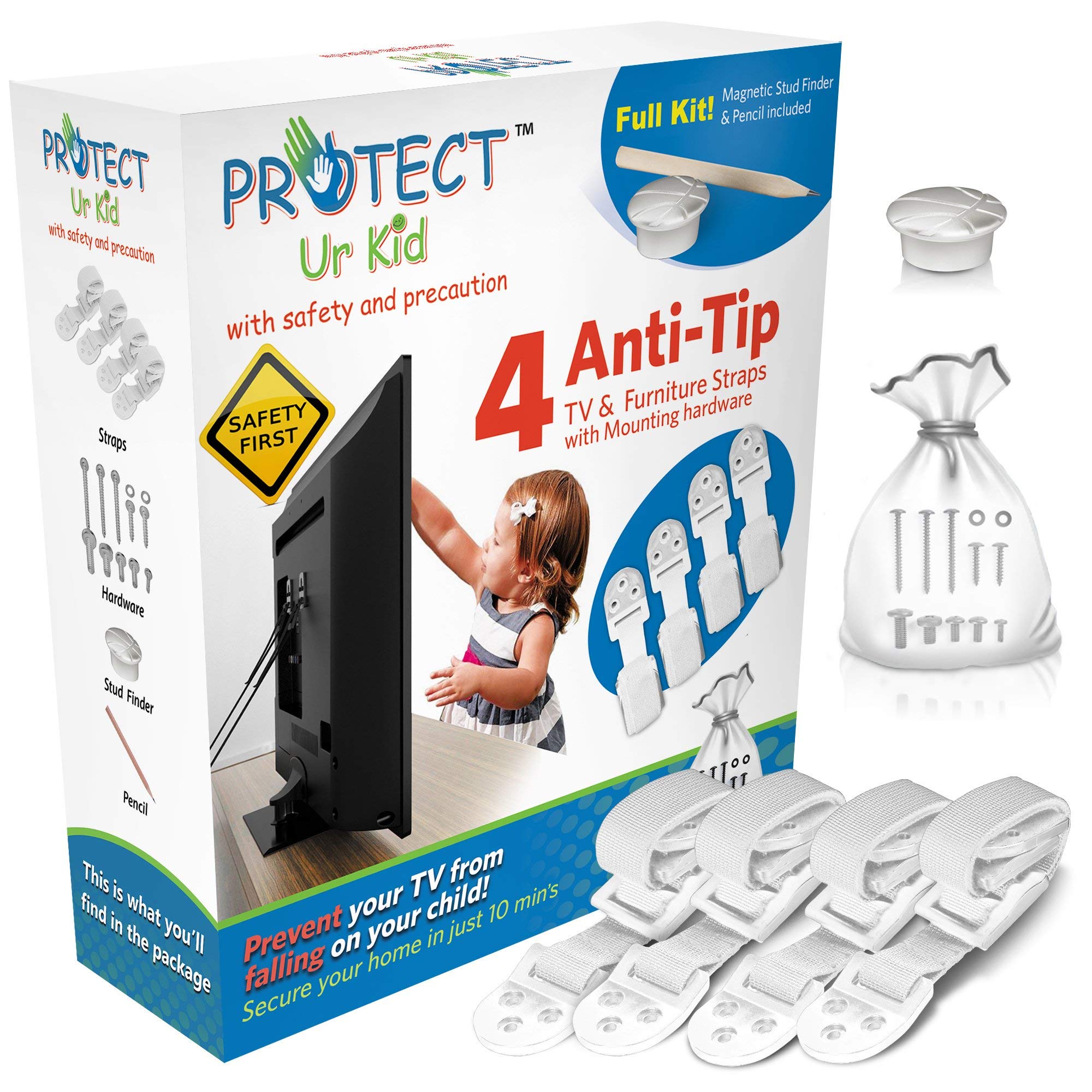 Anti Tip Furniture Anchor & TV Straps w/Ultra-Strong Mounting Hardware & Safety Stud Finder Locks-in Heavy Objects for Instant Earthquake, Child & Baby Proofing (White, 4 Straps + Stud Finder)