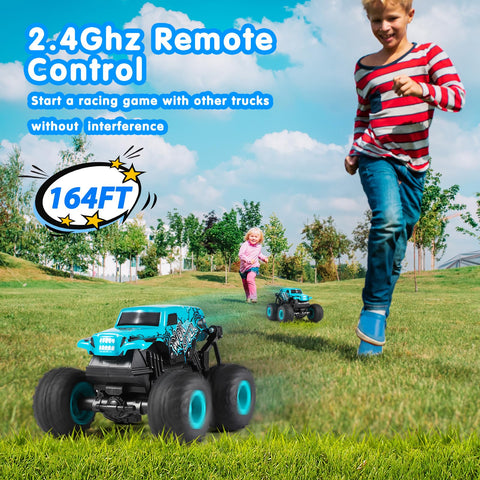 DYODYORC Remote Control Car, 2.4Ghz All Terrain Shark Monster Truck Toys, RC Truck with Music, 3 Lighting Effects, 360 Stunt Capable, 2 Batteries Ready to Run, Toy Gifts for Boys and Girls (Blue)