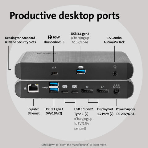 Kensington SD5550T Thunderbolt™ 3 and USB-C Dual 4K Hybrid Docking Station - 60W PD - Windows and Mac (K38131NA)