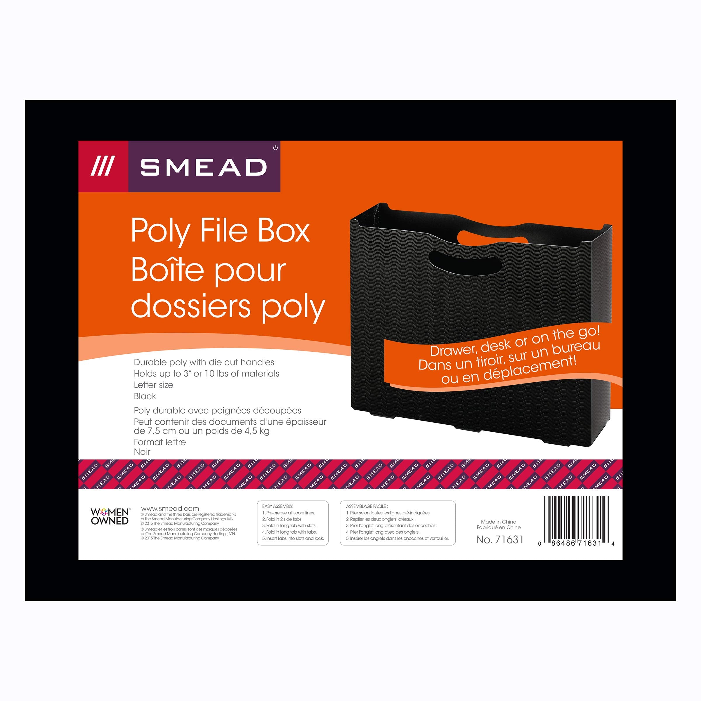 Smead Poly File Box, 3" Expansion, Die-Cut Handles, Letter Size, Black Wave Pattern (71631)