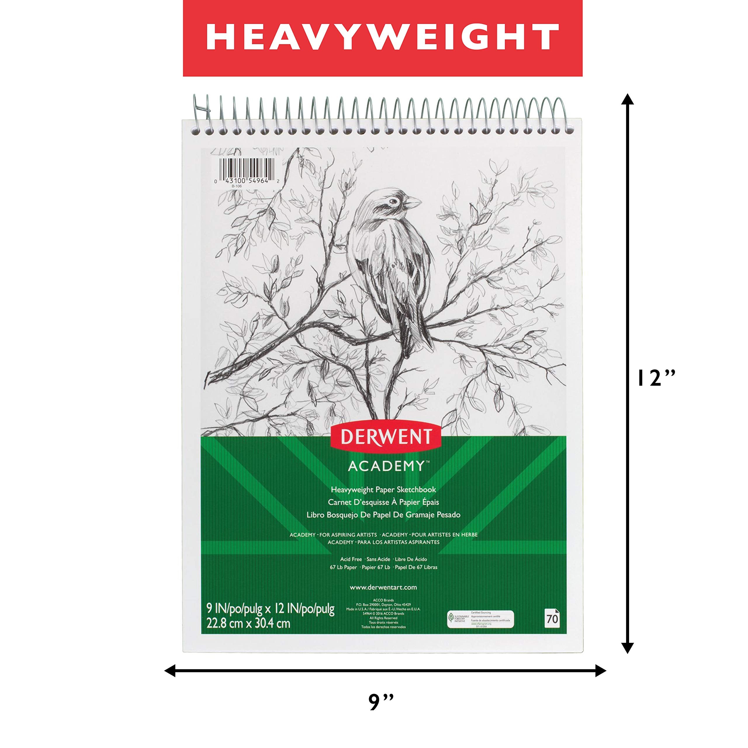 Derwent Academy Sketchbook, Heavyweight Paper, Topbound Sketch Book, 70 Sheets, 9" x 12" (54964)