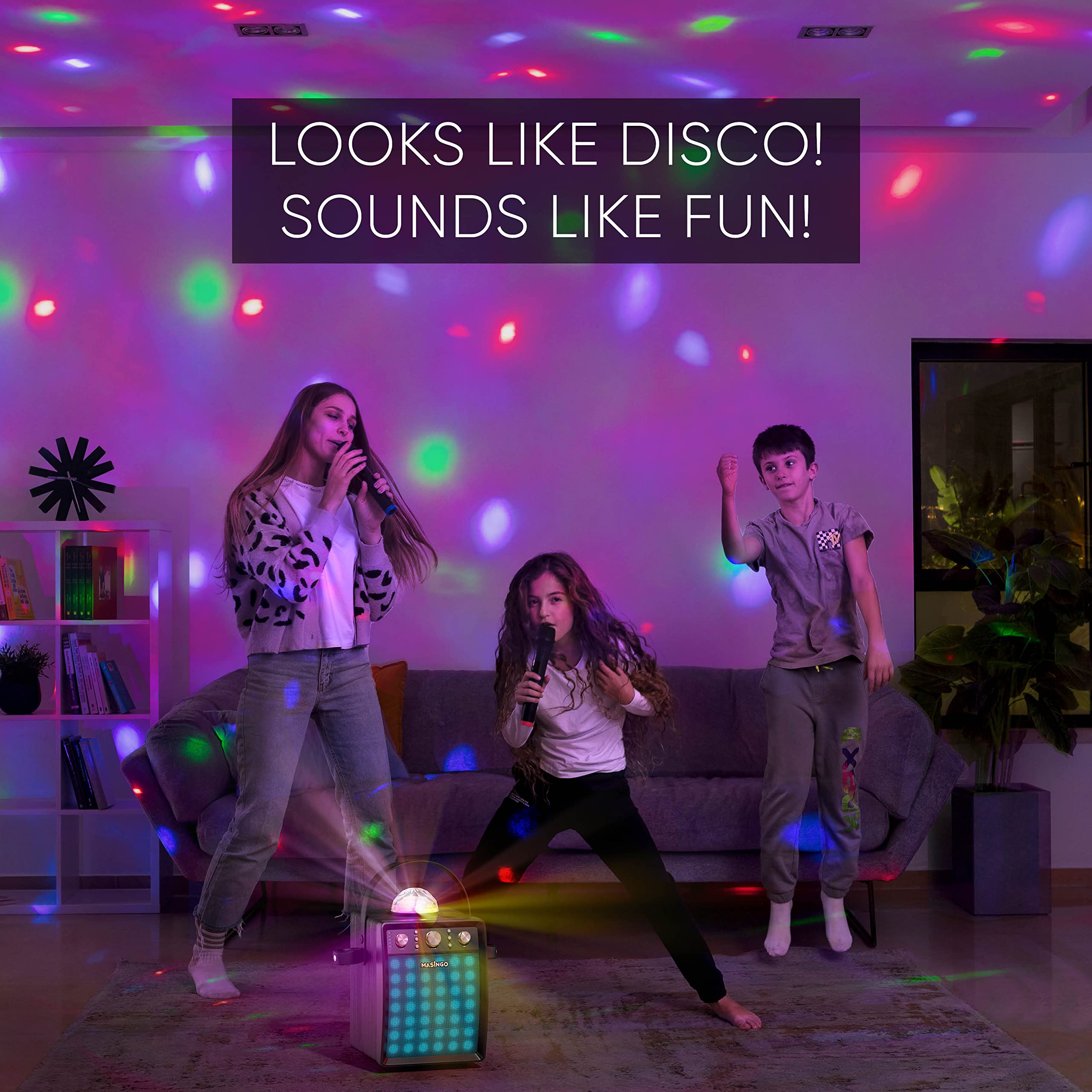MASINGO Karaoke Machine for Adults and Kids with 2 Wireless Microphones, Portable Singing PA Speaker System Set with Disco Ball Party Lights & TV Cable, Ostinato M7