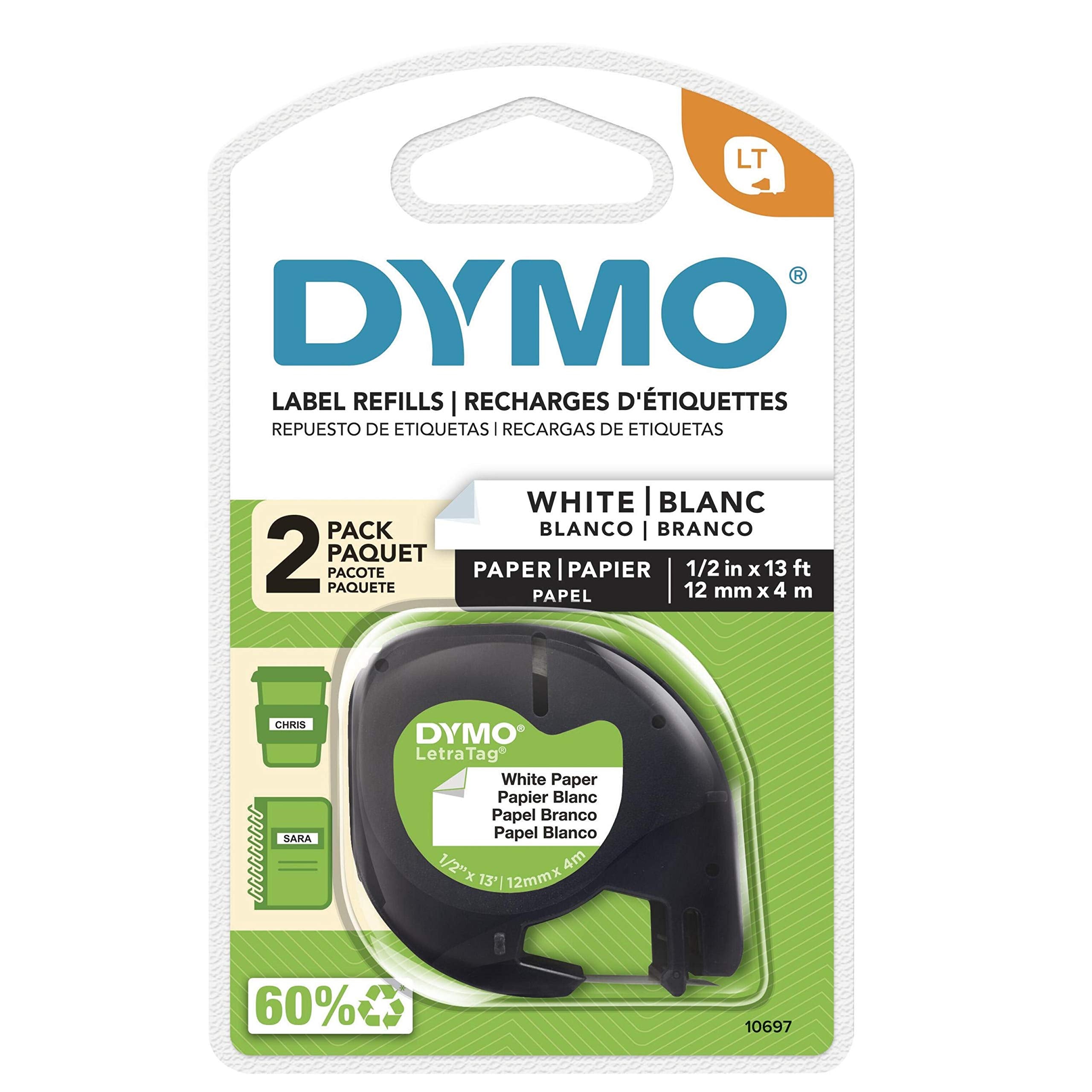DYMO 10697 LetraTag Paper Label Tape Cassettes, 1/2-Inch x 13ft, White, 2/Pack