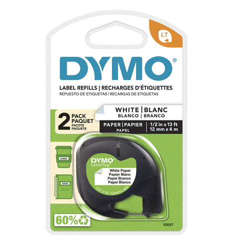 DYMO 10697 LetraTag Paper Label Tape Cassettes, 1/2-Inch x 13ft, White, 2/Pack