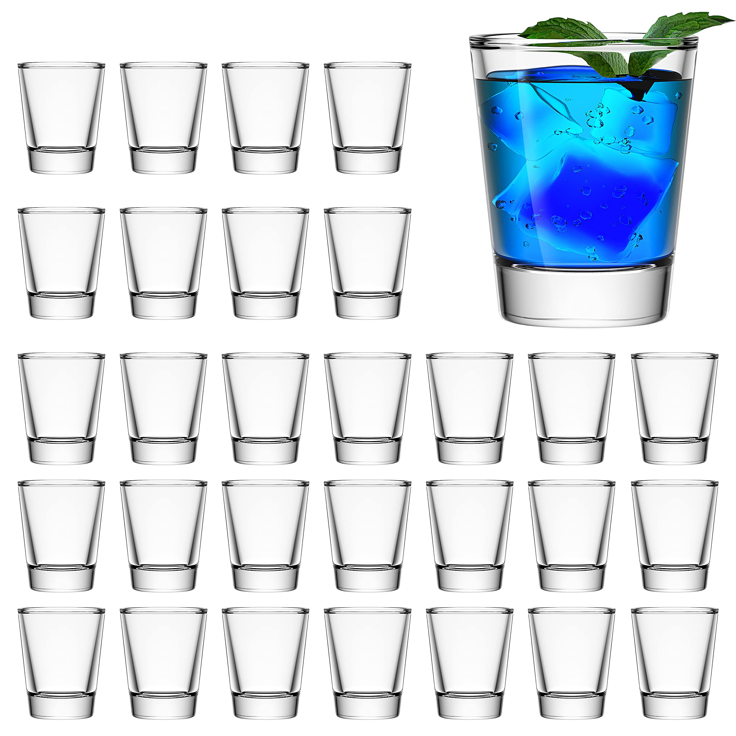 Aoeoe 30 Pack Heavy Base Shot Glass Set, 1.5 oz Whiskey Shot Glasses, Clear Shot Glasses Bulk, Spirits cups, Round Espresso Shot Glass, Glass Cups for Vodka, Whiskey, Tequila, Espresso, Liquor