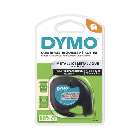 DYMO LetraTag Labeling Tape for LetraTag Label Makers, Black print on Metallic Silver tape, 1/2'' W x 13' L