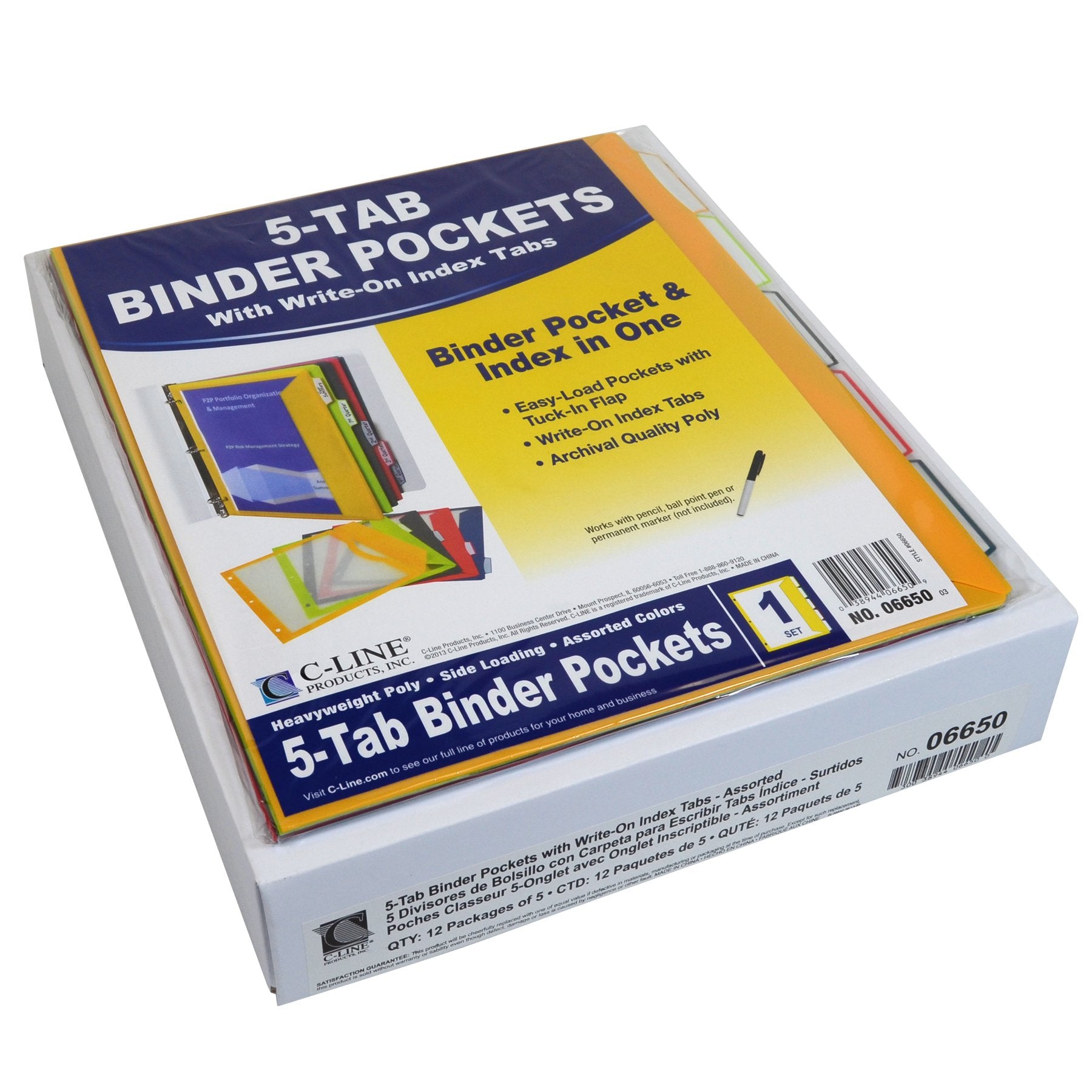C-Line 5-Tab Binder Pockets with Write-On Index Tabs, Assorted Colors, 8.5 x 11 Inches, 5 Pockets per Set (06650)