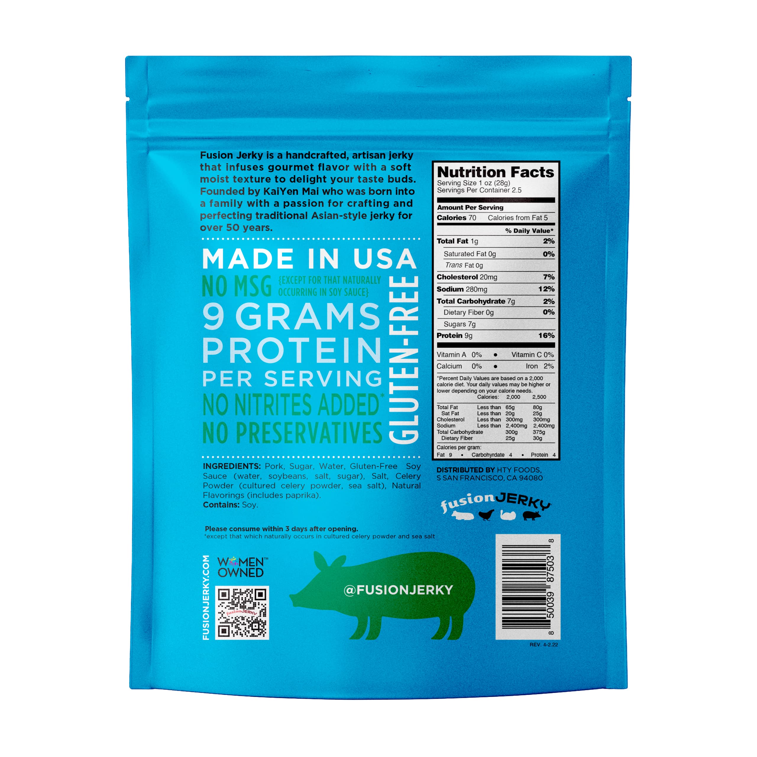 Fusion Jerky Artisan Pork Jerky, Grilled Island Teriyaki, 2.5 oz - All Natural, 9g Protein, Premium USA Sourced Meat, Gluten Free, Prime Cuts, No Nitrates, No Added MSG, No Preservatives, Made in USA
