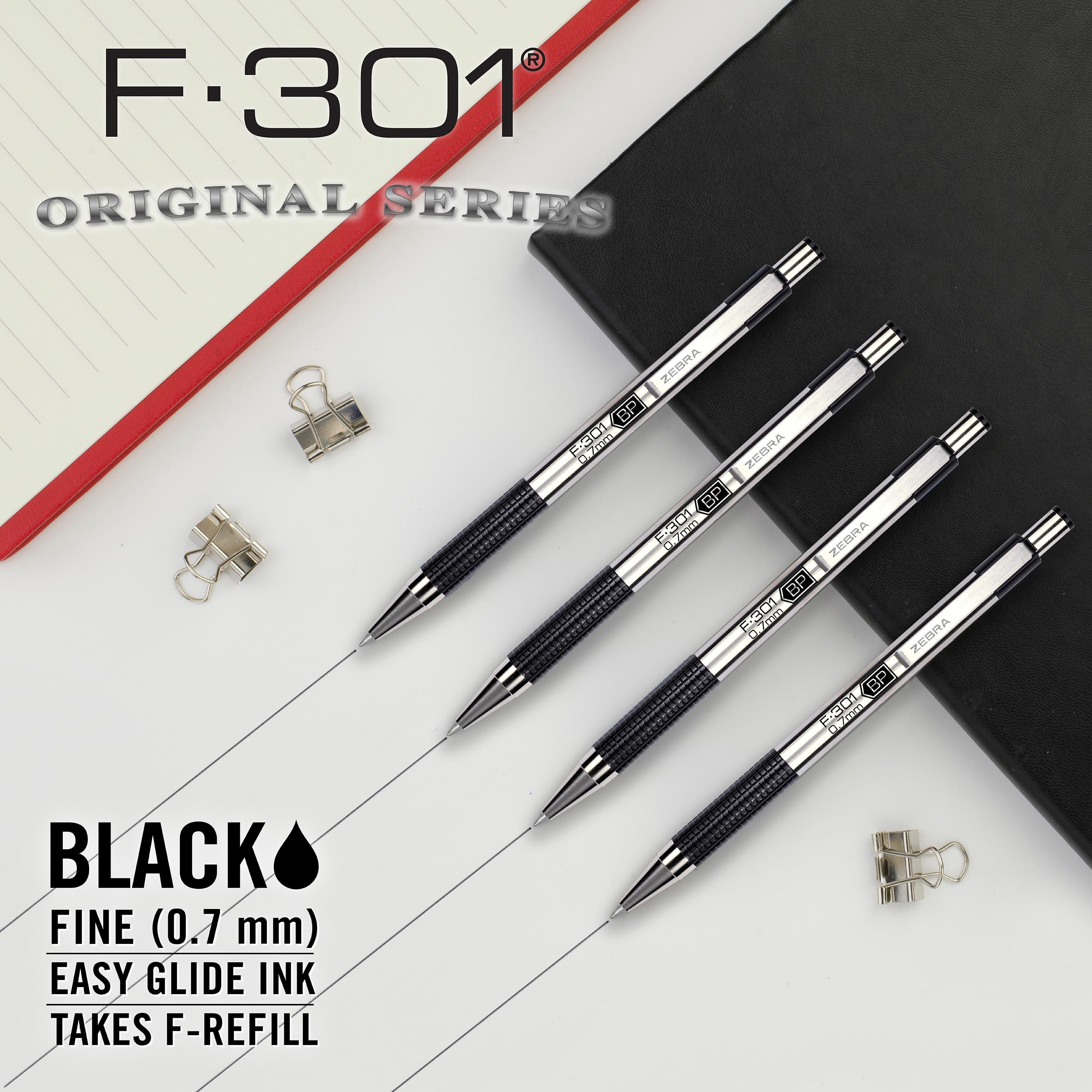 Zebra Pen F-301 Ballpoint Black Ink Fine Point 0.7mm Pen, Easy-Glide Ink, Stainless Steel Retractable, Non-Slip Grip, Professional Design, Ideal for Office, Journal and Planner Use, 4-Pack (27114)