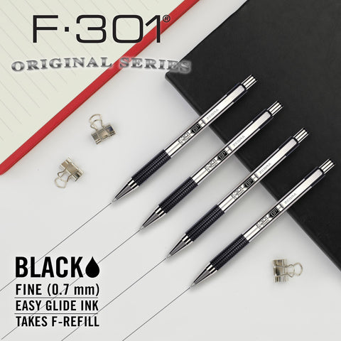 Zebra Pen F-301 Ballpoint Black Ink Fine Point 0.7mm Pen, Easy-Glide Ink, Stainless Steel Retractable, Non-Slip Grip, Professional Design, Ideal for Office, Journal and Planner Use, 4-Pack (27114)