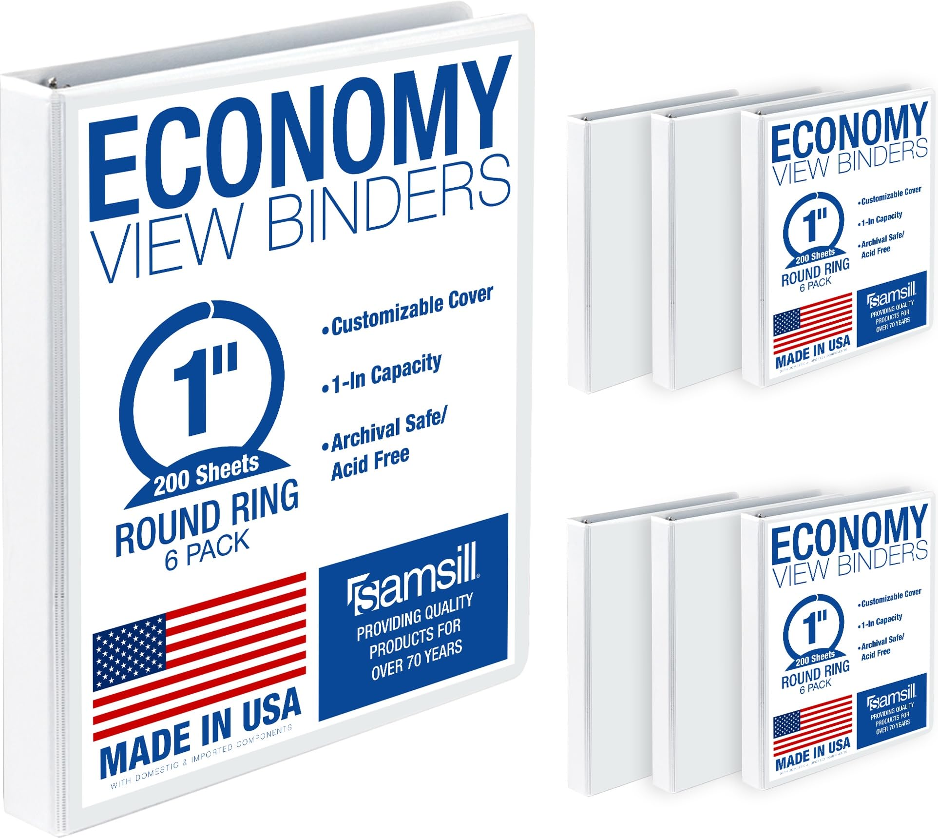 Samsill 1 Inch 3 Ring Binders, Economy Round Ring, Clear View Cover, 200 Sheet Capacity - for School, Home, Office - White, 6 Pack