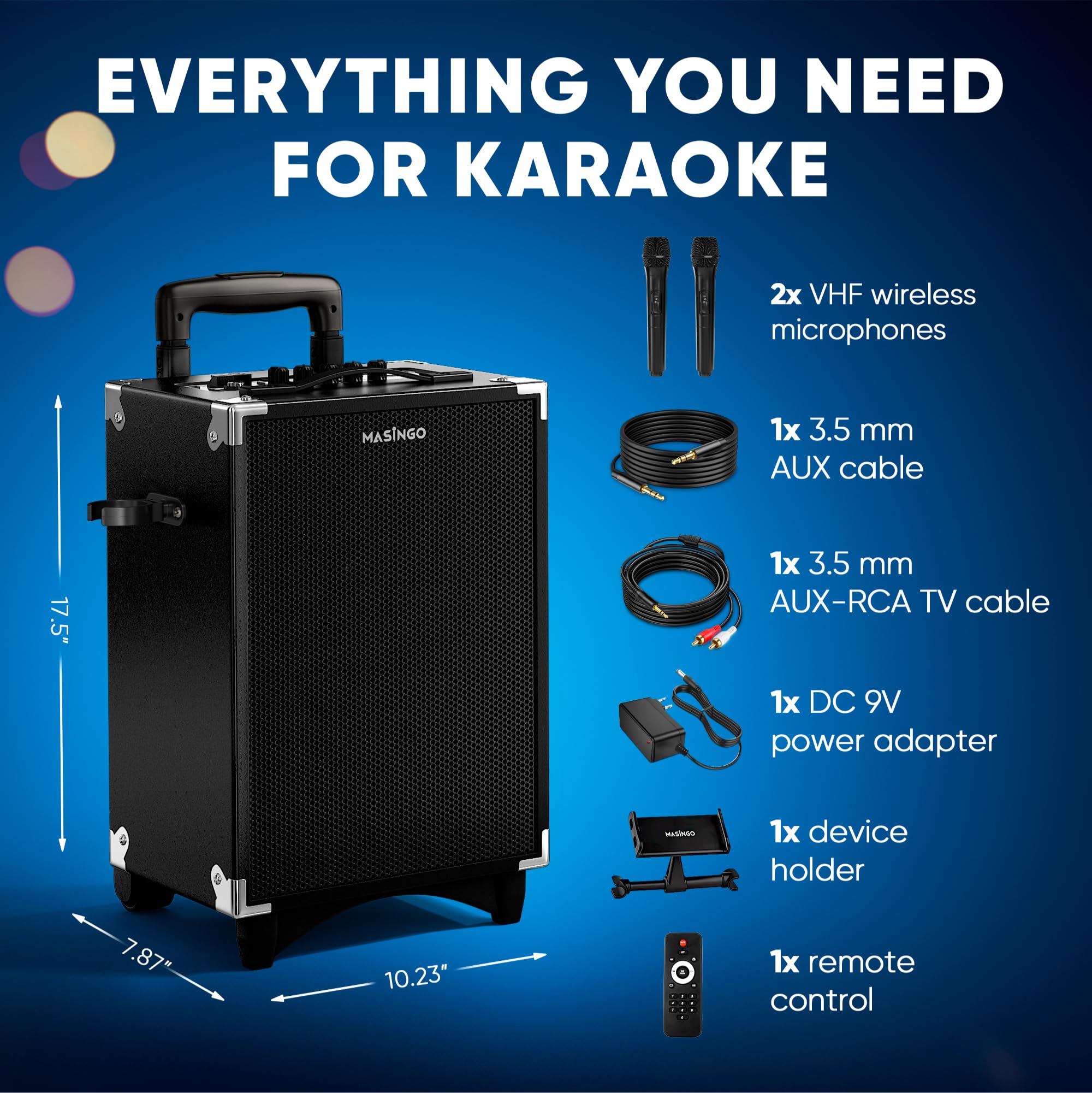 MASINGO Karaoke Machine for Adults and Kids, 40W Speaker with 8" Woofer, 2 Wireless Microphones, Bluetooth, USB, MicroSD, FM Radio, TV Connection, Tablet Holder, and Real-Time Karaoke Mode, Soprano X2