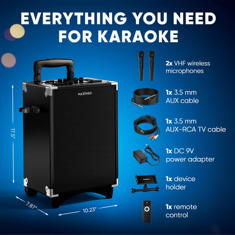 MASINGO Karaoke Machine for Adults and Kids, 40W Speaker with 8" Woofer, 2 Wireless Microphones, Bluetooth, USB, MicroSD, FM Radio, TV Connection, Tablet Holder, and Real-Time Karaoke Mode, Soprano X2