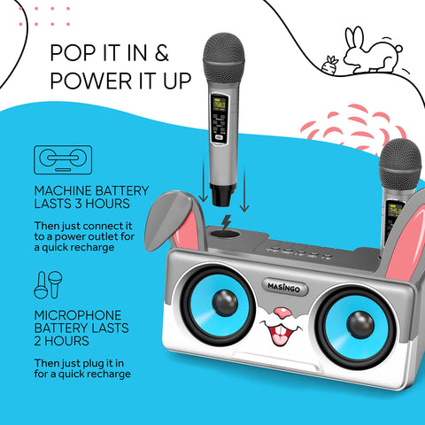Rabbit Karaoke Machine for Kids, Children and Toddlers with 2 Wireless Bluetooth Microphones, Portable PA Speaker System Includes Lyrics Display Phone Holder, TV Cable and Singer Vocal Removal Mode