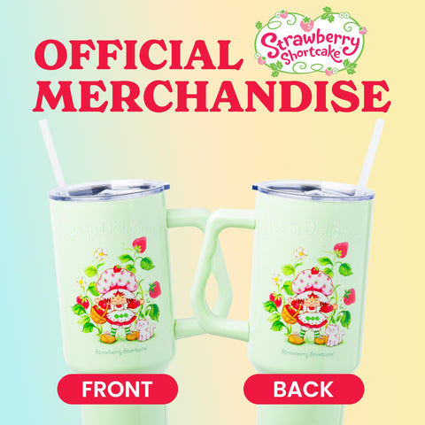 Silver Buffalo Strawberry Shortcake and Custard “Life is Delicious!” Double Walled Stainless Steel Tumbler with Handle, Fits in Standard Cup Holder, 40 Ounces