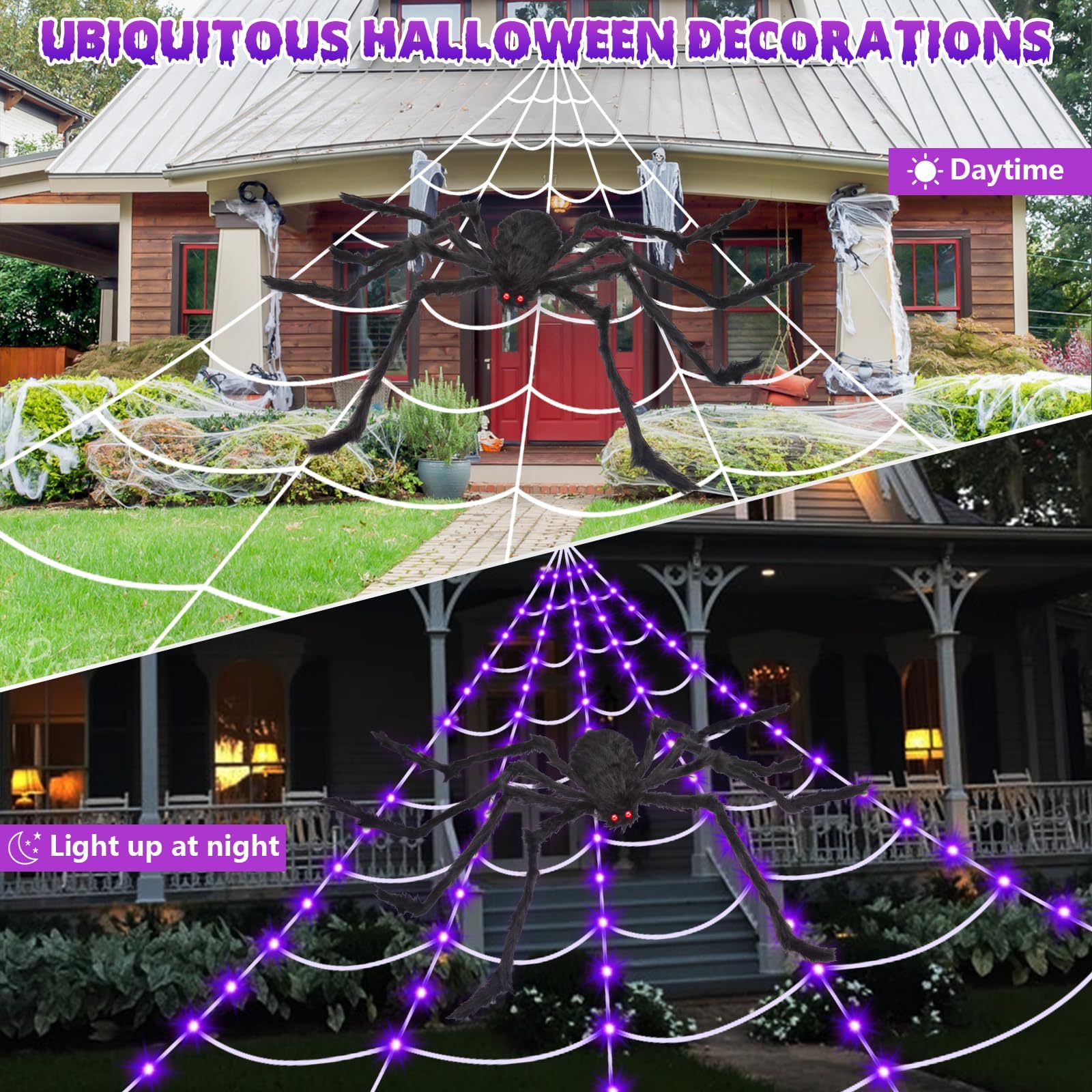 OCATO Halloween Decorations Spider Webs: Spider Web Lights 135 LED Purple Lights 59" Giant Spider Scary Halloween Decorations Outdoor Indoor for Party Garden Home Costumes Yard Haunted House