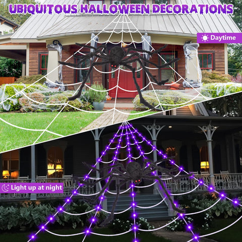 OCATO Halloween Decorations Spider Webs: Spider Web Lights 135 LED Purple Lights 59" Giant Spider Scary Halloween Decorations Outdoor Indoor for Party Garden Home Costumes Yard Haunted House