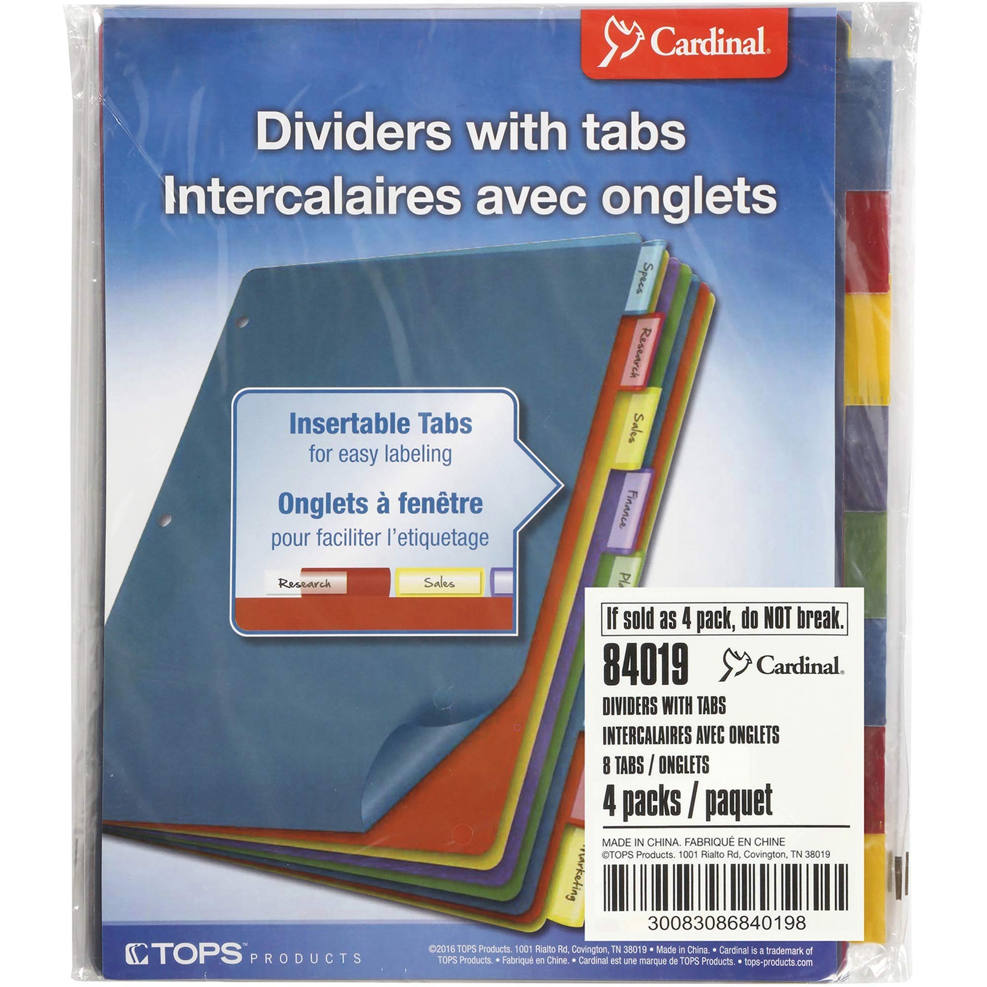 Cardinal Plastic Binder Dividers without Pockets, 8-Tab, Insertable Multicolor Tabs, Letter Size, 1 Set (84019), 8-1/2 x 11