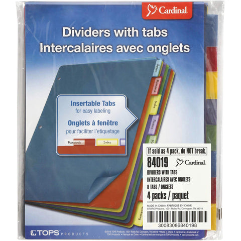 Cardinal Plastic Binder Dividers without Pockets, 8-Tab, Insertable Multicolor Tabs, Letter Size, 1 Set (84019), 8-1/2 x 11