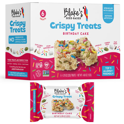 Blake’s Seed Based Crispy Treats – Birthday Cake (6 Count), Nut Free, Gluten Free, Dairy Free & Vegan, Healthy Snacks for Kids or Adults, School Safe, Low Calorie Organic Fruit Flavored Snack
