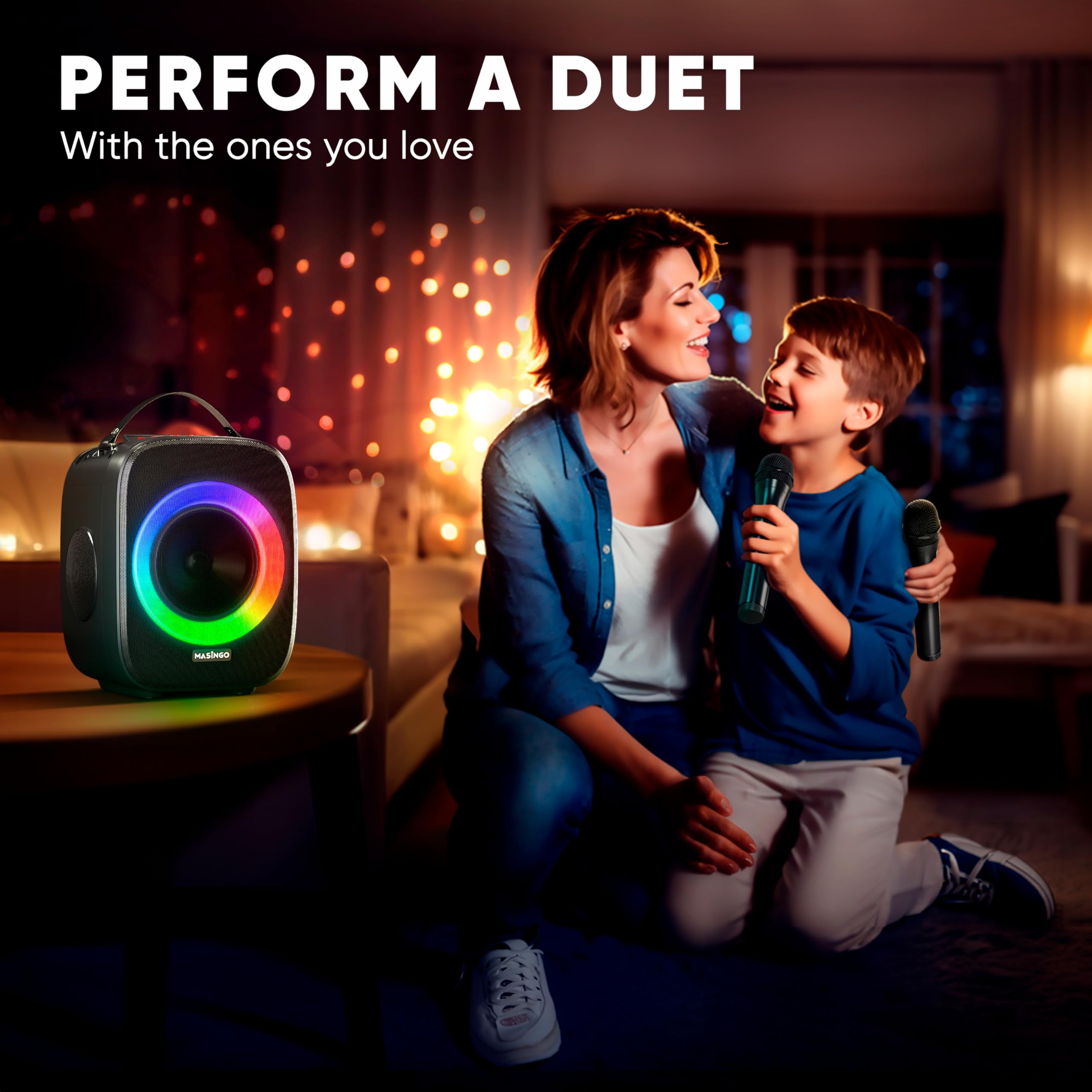 MASINGO Karaoke Machine for Kids and Adults with 2 Wireless Bluetooth Microphones, Portable 3D Sound Speaker with Colorful LED Lights, Supports TF Card/USB, AUX in, FM, TWS for Home Party, Cantando C2