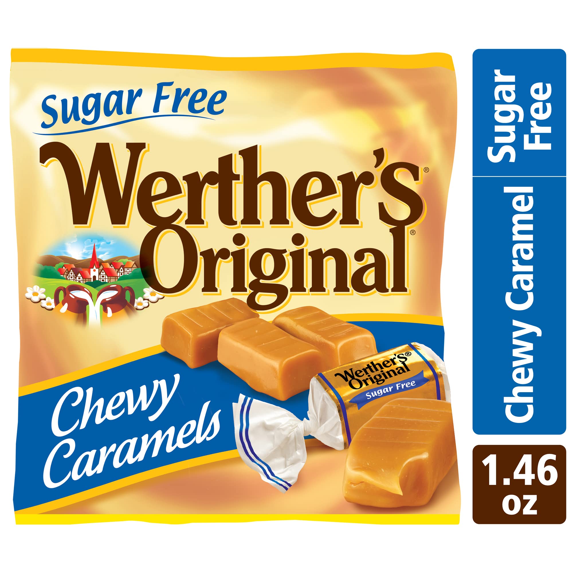 Werther's Original Chewy Caramels Sugar Free Candies - Individually Wrapped Soft & Chewy Candy Pieces, Sweets for Parties or Holidays - 1.46 oz Bags (Pack of 12)