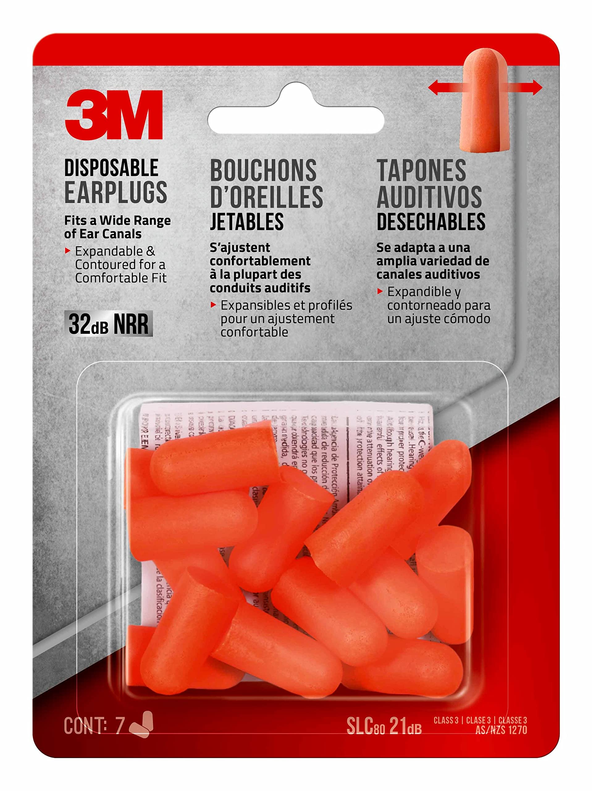 3M Disposable Earplugs, 7 Pairs (14 Total Plugs), Noise Reduction Rating (NRR) 32 dB, Easy To Insert & Remove, Expandable & Contoured For Comfortable Fit, Orange Ear Plugs (92077H7-DC)